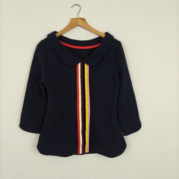 Boden Ribbed Cotton Striped Blouse Tunic 3/4 Sleeves In Navy Blue Size Small - Picture 1 of 11